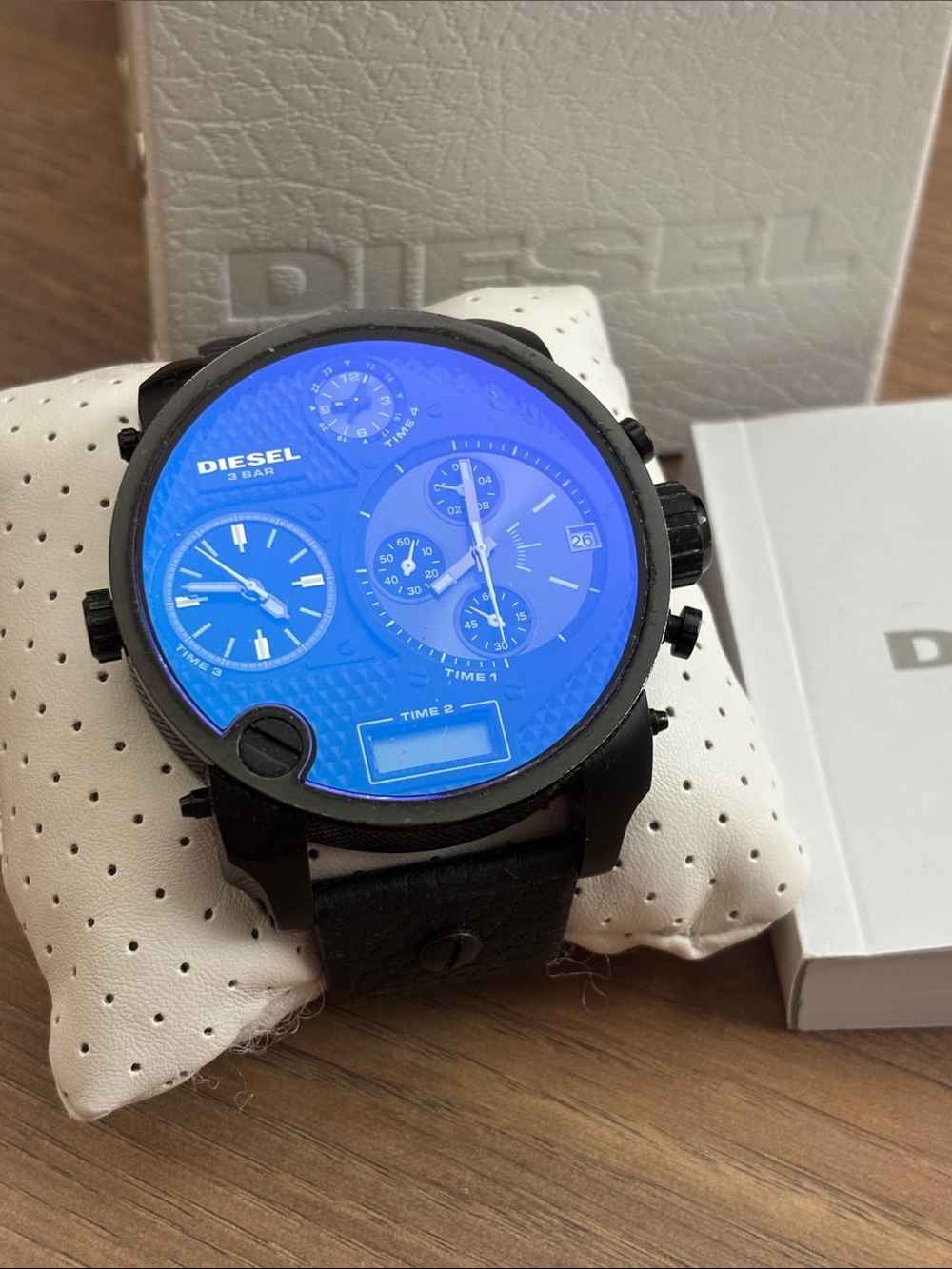 DIESEL BIG DADDY BLUE DIAL BLACK LEATHER STRAP WATCH DZ7127